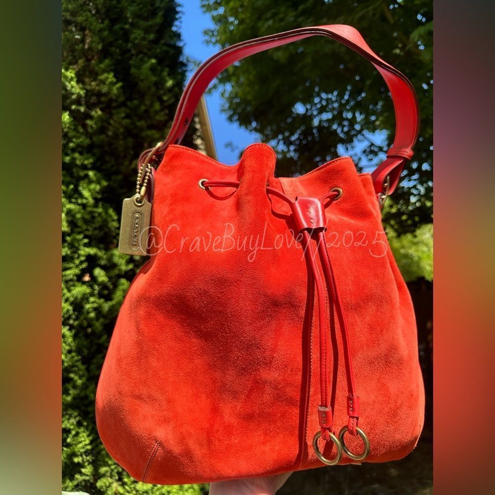 SOLD  DRAWSTRING VERMILLION SUEDE LEATHER BRASS HANGTAG EVC RARE - Picture 5 of 17
